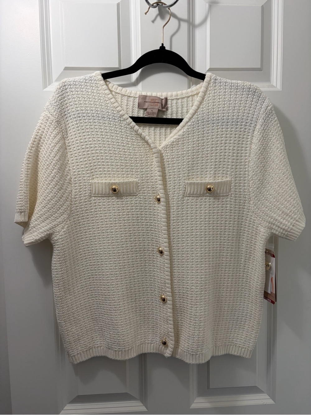 French Connection Cream Short-Sleeve V-Neck Button Luxurious Cardigan